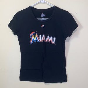 Majestic Miami Marlins Giancarlo Stanton #27 Graphic Tee Black Baseball Shirt S